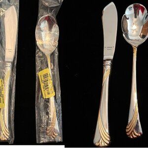 2 Lenox KELLY GOLD 18/8 Stainless Kirk Stieff Sugar Spoon Butter Knife NEW!